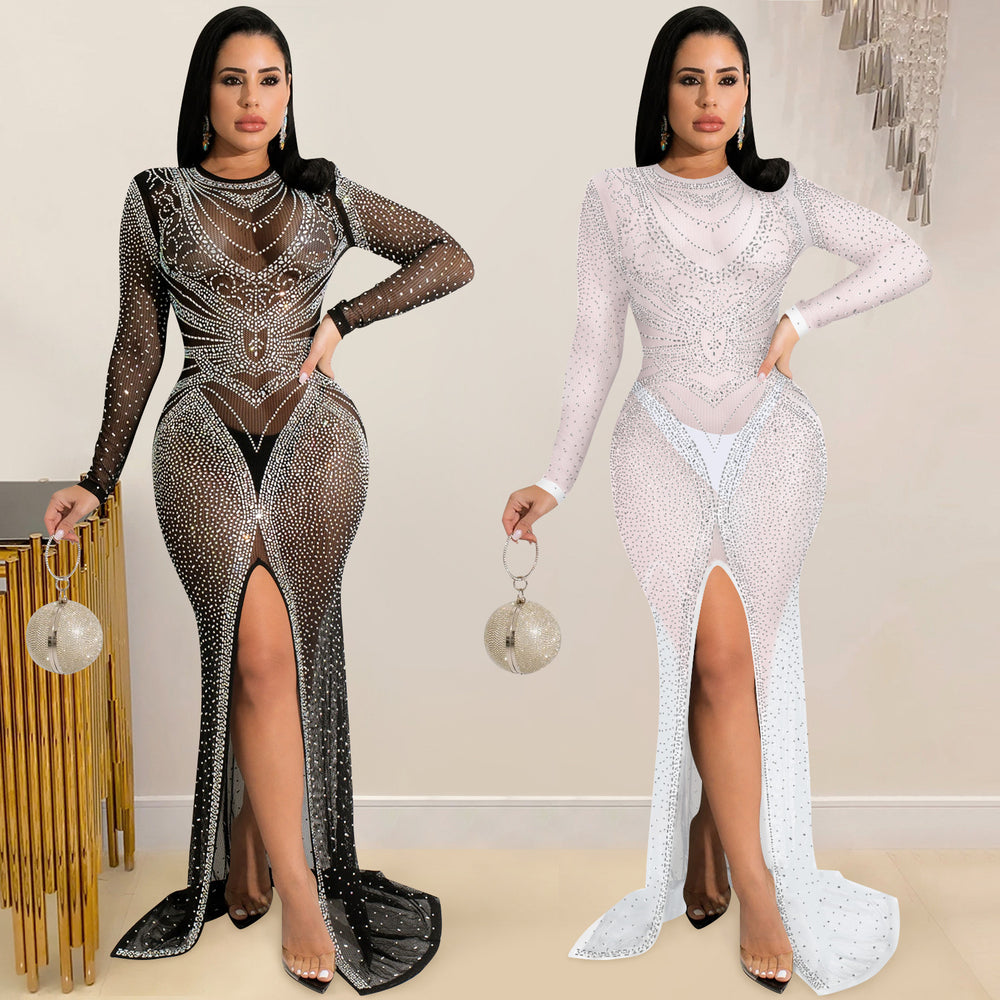 X5595  fashionable european and american style nightclub rhinestone embellished women's mesh see-through long sleeve slit maxi dress