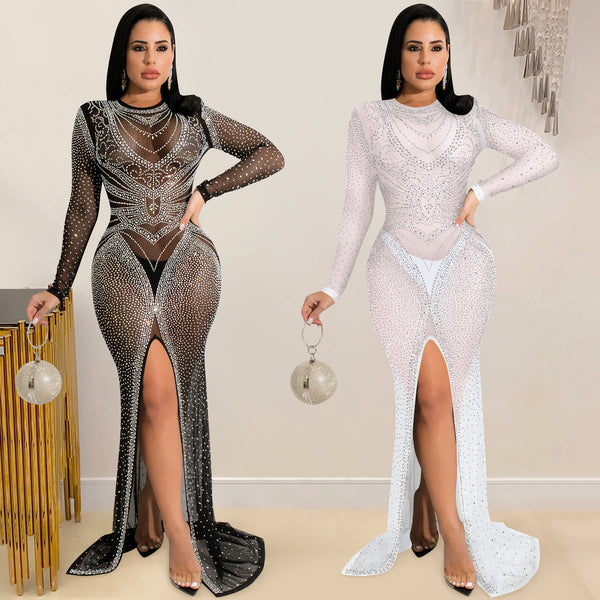 X5595  European and American fashion nightclub hot diamond women's clothing mesh perspective long-sleeved split-ended long dress dress women