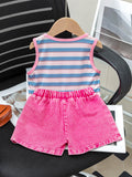 cross-border new arrival: girls' european & american style striped print tank top + washed denim shorts set