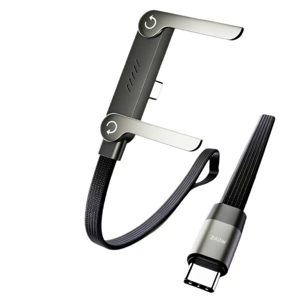 240w foldable charging cable with angled dual usb-c connectors, braided design, compatible with apple and huawei phones