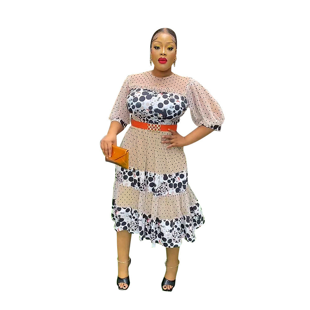 African  women's printed patchwork dress, european and american cross-border foreign trade fashion casual polka dot skirt, plus size