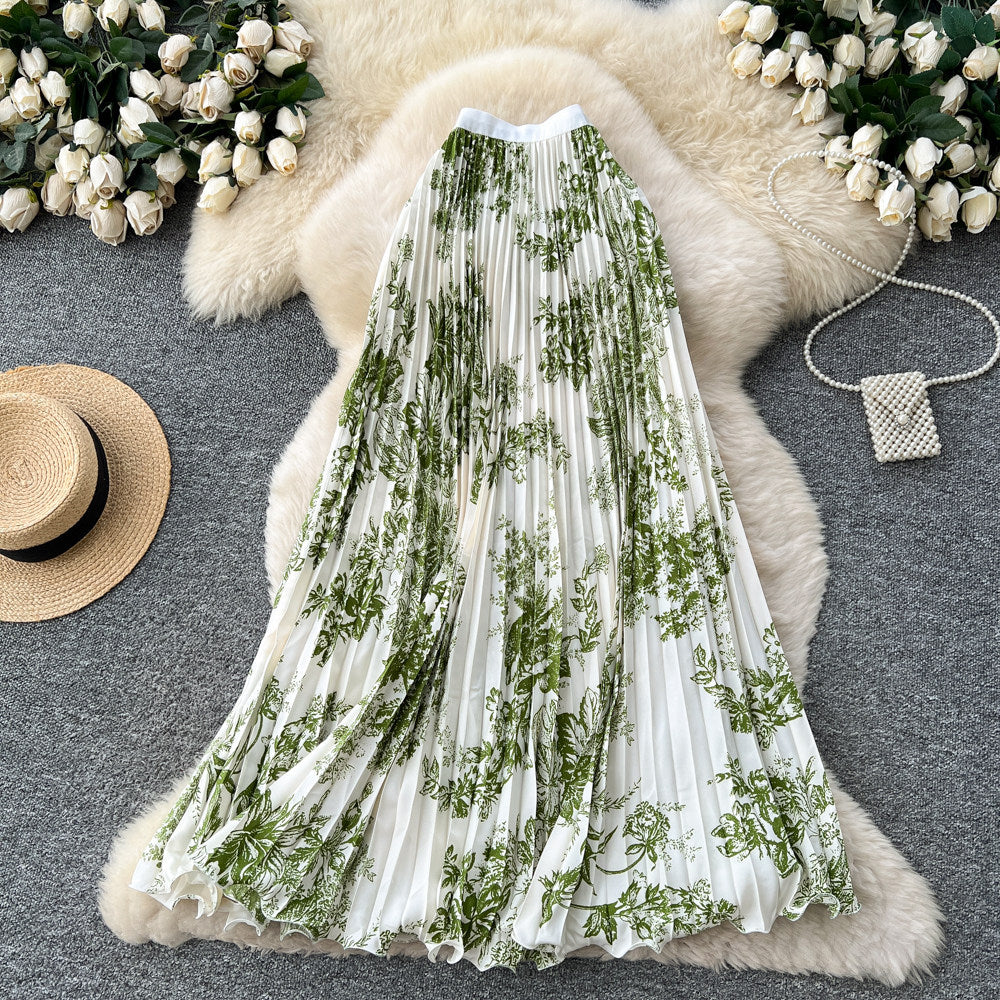 K-styleprintingpleatedcontrast colorsense of design skirt women's high waistslimming looka-line mid-length skirteasiest for matchpatchwork skirt