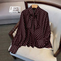 plus size retro polka dot ribbon tie blouse - bow collar, bubble sleeves, tummy control, versatile chiffon shirt