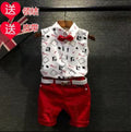 summer new arrival: gentleman's bow tie geometric print sleeveless linen shirt top + distressed shorts set