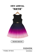 Factory wholesale cross-border girls' dress - black-purple gradient with belt, stylish mid-to-large size children's wear, european style dress