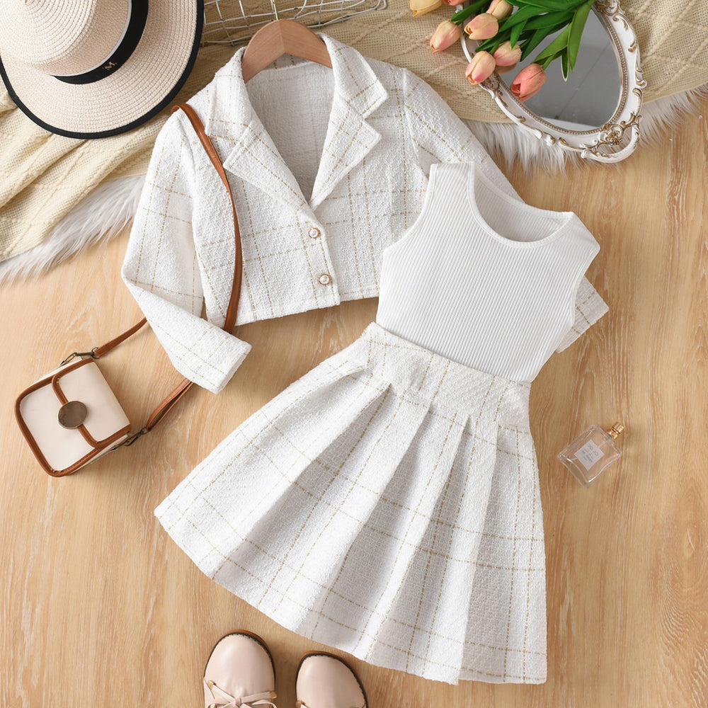 Exportgirl small fragrant white three-piece set grids pattern lapel short outwear vest tops skirt kidssuit