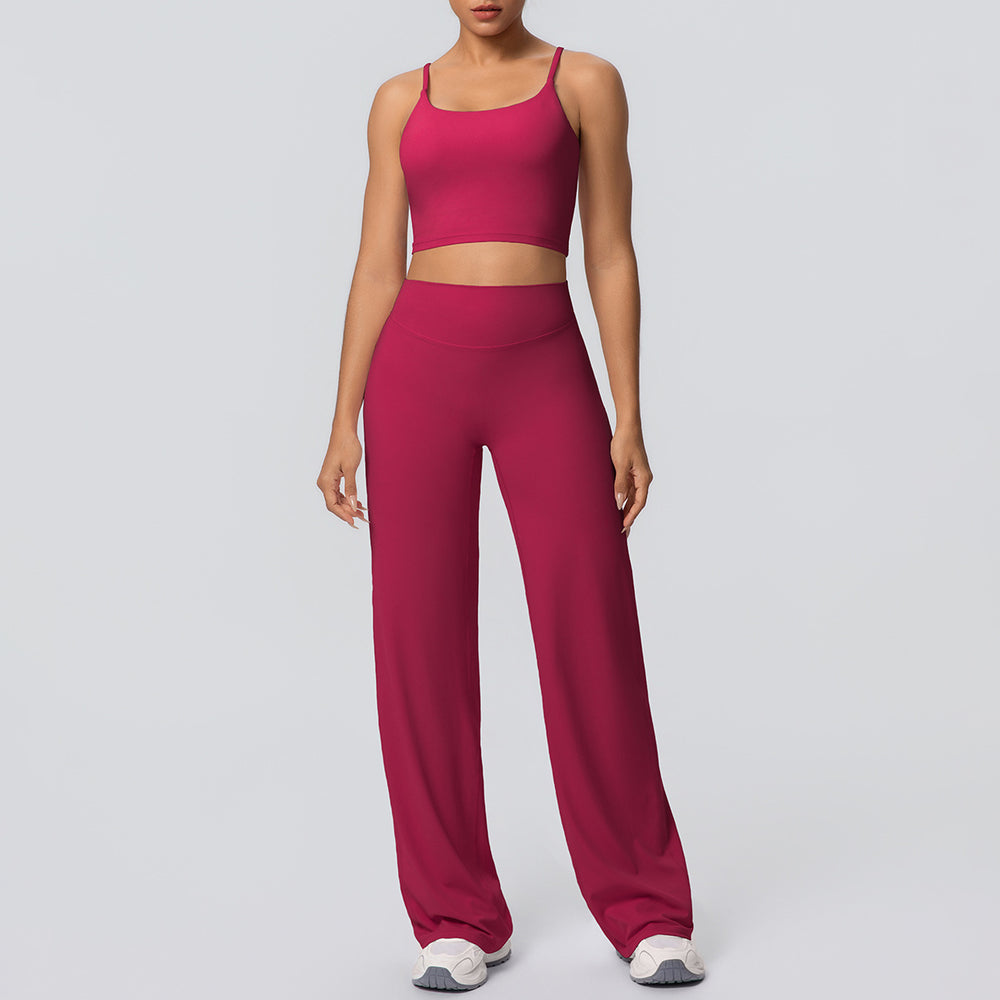 New arrival: cross-border brushed solid color racerback tight-fit breathable wide-leg yoga set - two-piece activewear for running and fitness