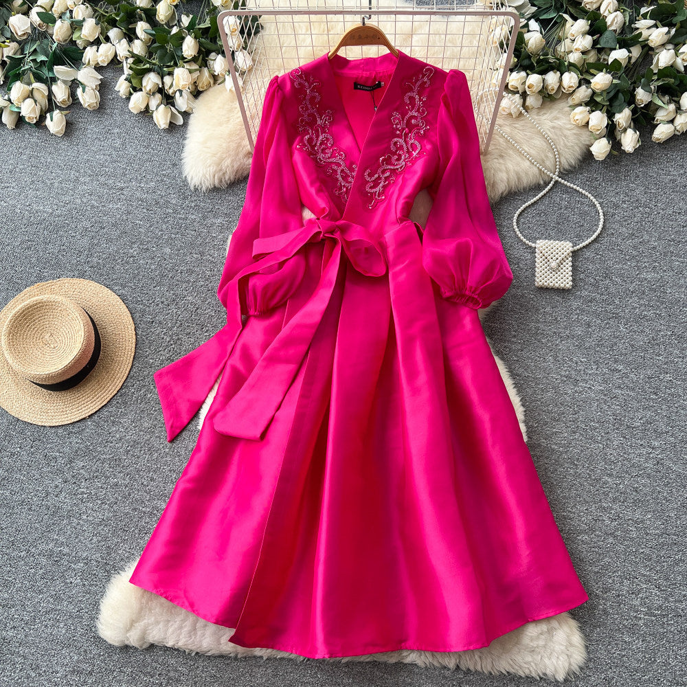 Luxury chic v-neck embroidered elegant dress - women's summer long sleeve tie-waist a-line dress - elegant and refined