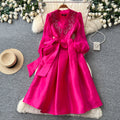 Luxury chic v-neck embroidered elegant dress - women's summer long sleeve tie-waist a-line dress - elegant and refined