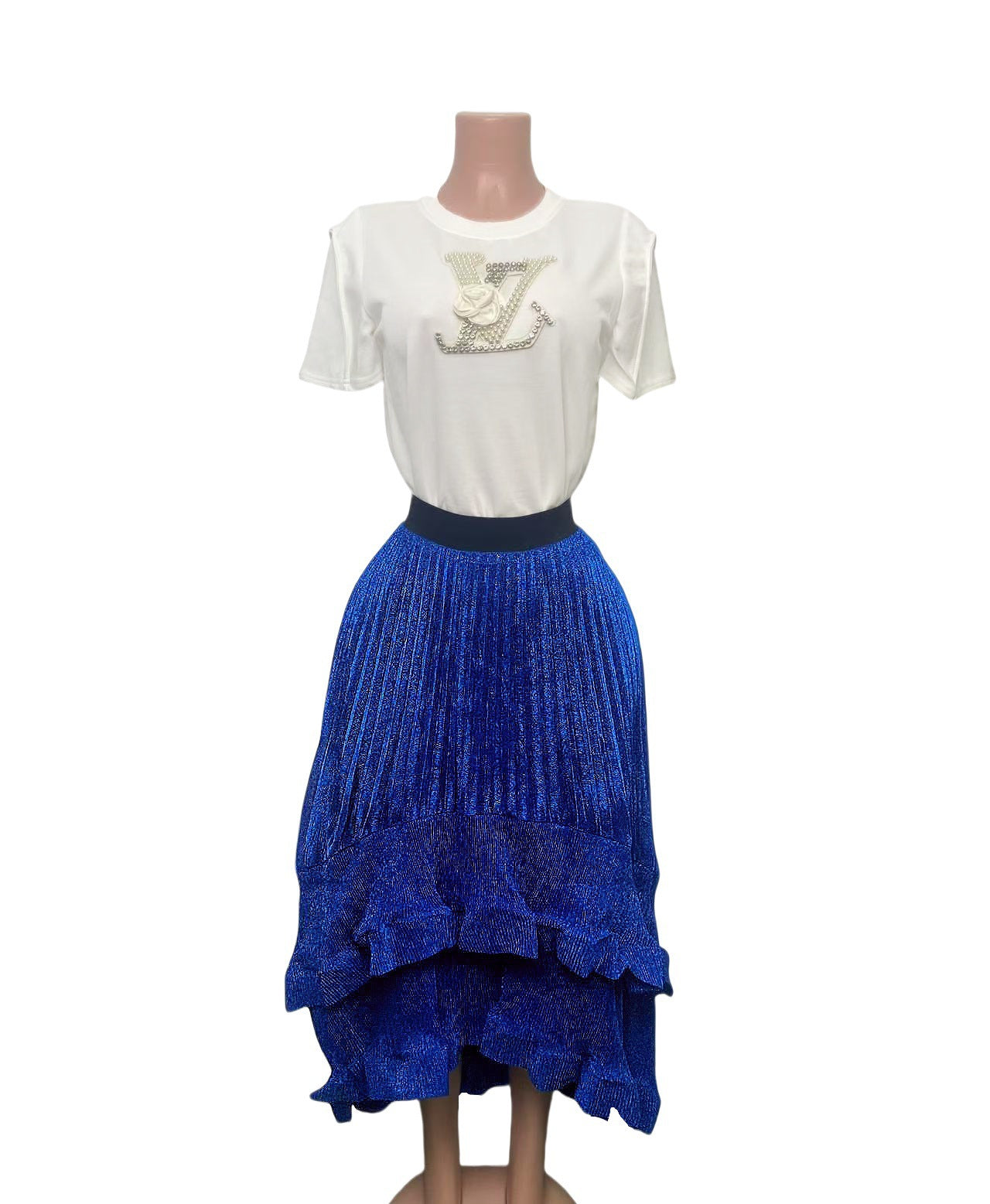 Cross-border French three-dimensional floating flower T-shirt + flash gold pleated ruffle edge long puffy skirt large size two-piece set