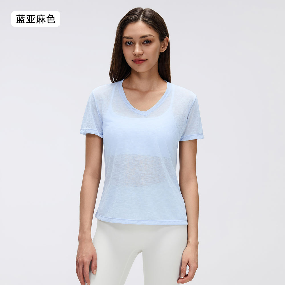 Summer v-neck bamboo slub lightweight breathable sports t-shirt women's running fitness short sleeve yoga top d26098