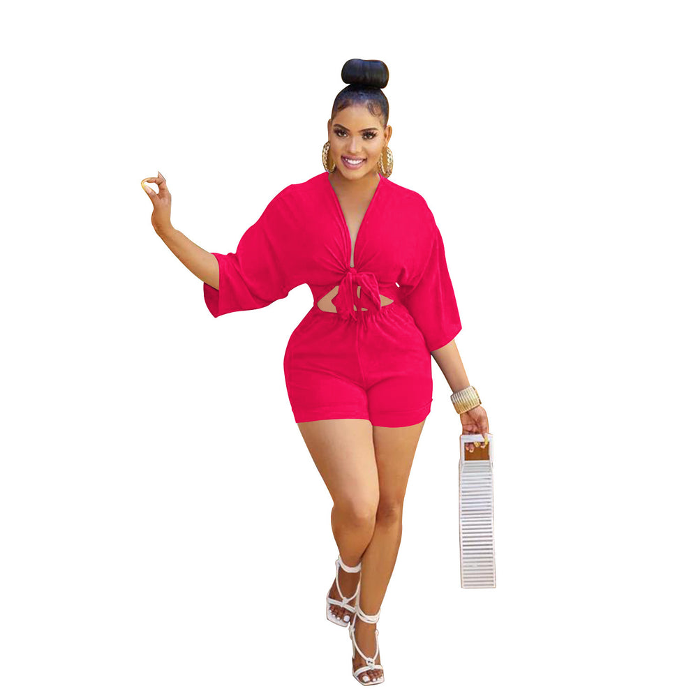 C5973 in stock cross-border   fashion women's shorts, mid-sleeve mock shirt jumpsuit