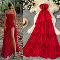 French red bandeau mesh patchwork dress - women's summer cinched waist slimming a-line maxi dress - high-end, elegant, and chic