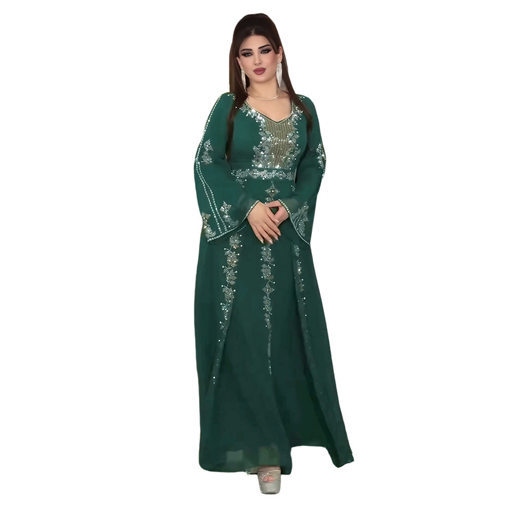 European and american  elegance long dress evening dress heavy industry hot diamond cross-border clothing women's large size dress