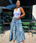 European and american style faux two-piece denim skirt jeans -  cross-border women's fashion streetwear trendy symmetrical slit jeans
