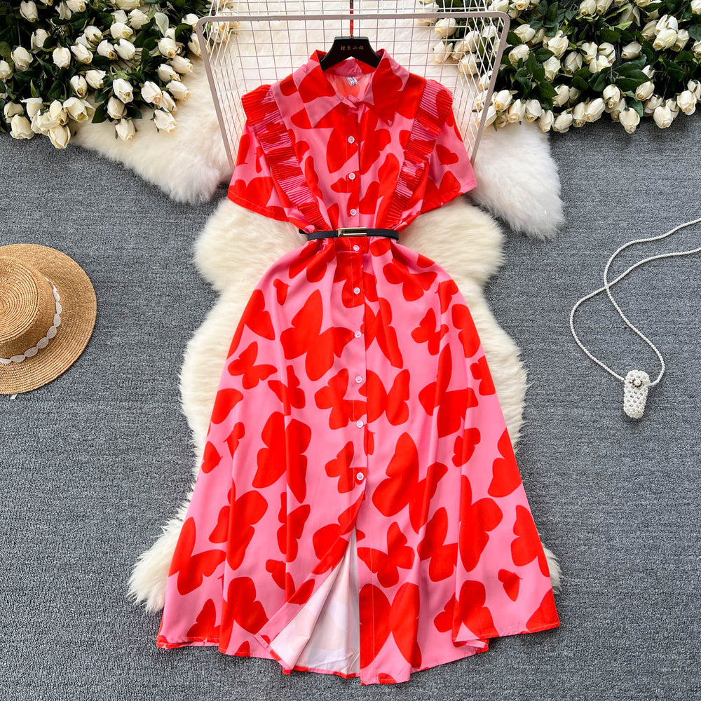 Sophisticated niche women's dress -  summer new arrival: designer ruffle-trimmed, cinched-waist, printed elegant maxi dress