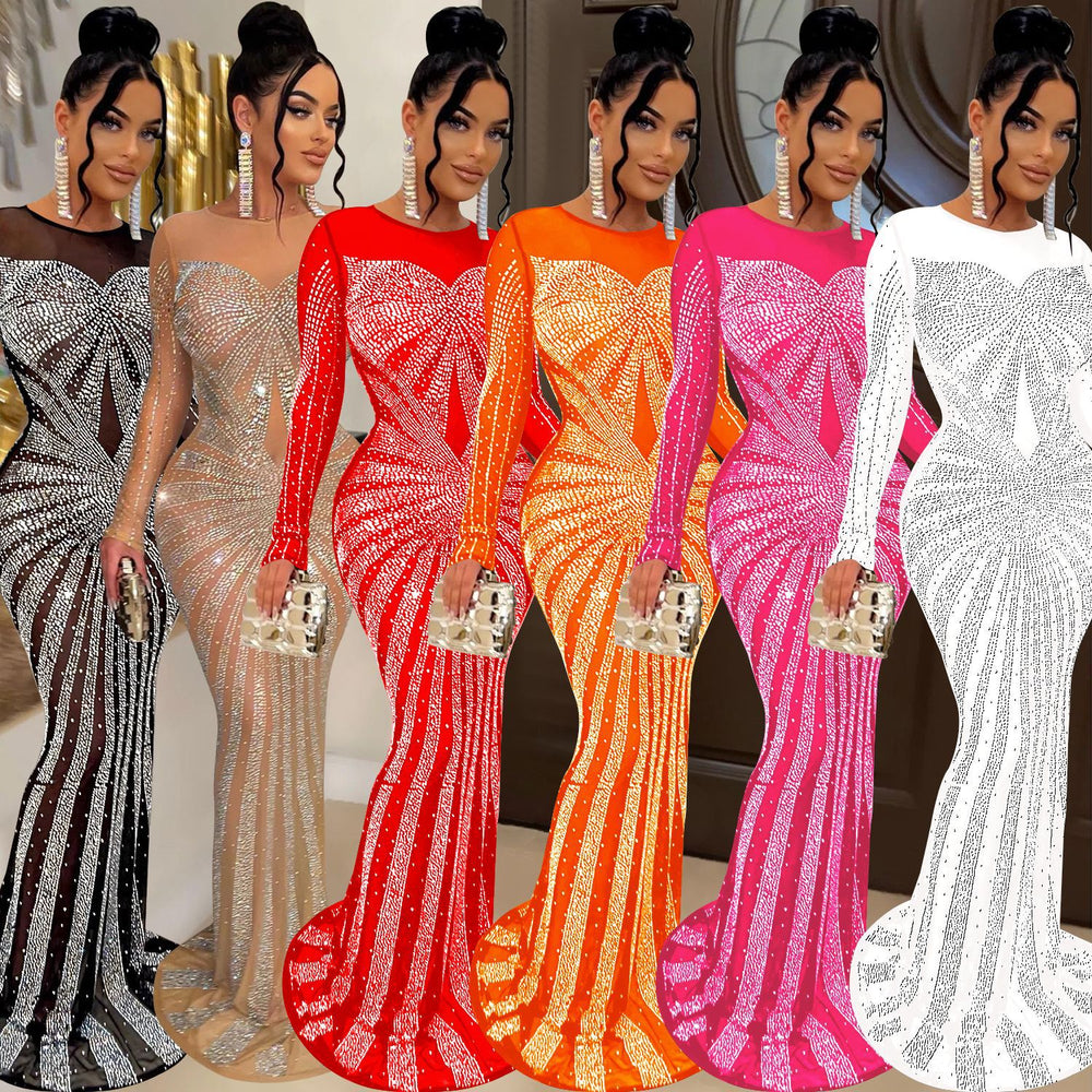 C6198   fashion women's solid color mesh see-through rhinestone long sleeve maxi dress