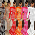 C6198   fashion women's solid color mesh see-through rhinestone long sleeve maxi dress