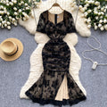 Evening gown women's high-end banquet party dress - slim fit, flocked print, pleated, slit, mermaid maxi dress