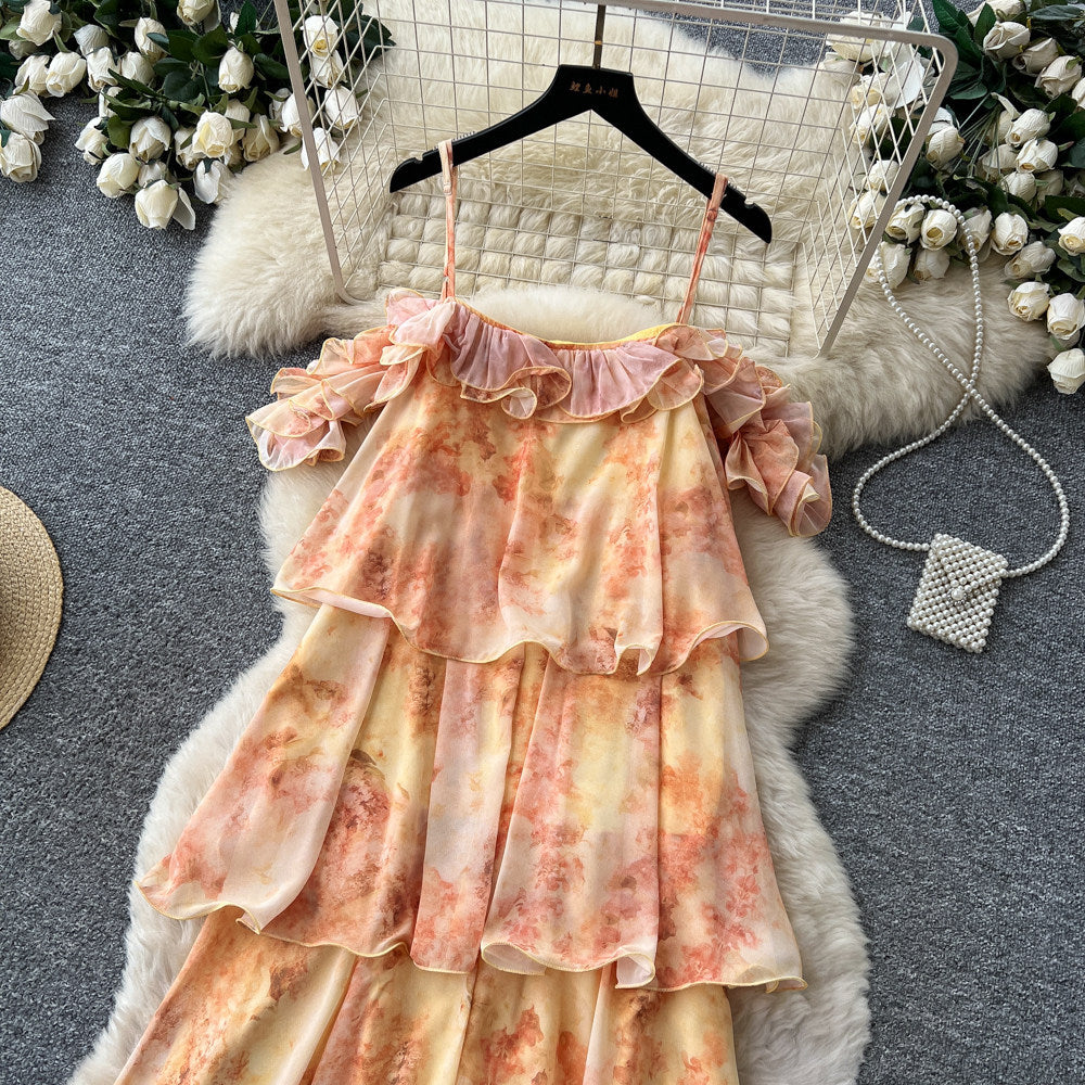 French riviera style printed cami dress - women's summer ruffle tiered dress - stunning and unique design