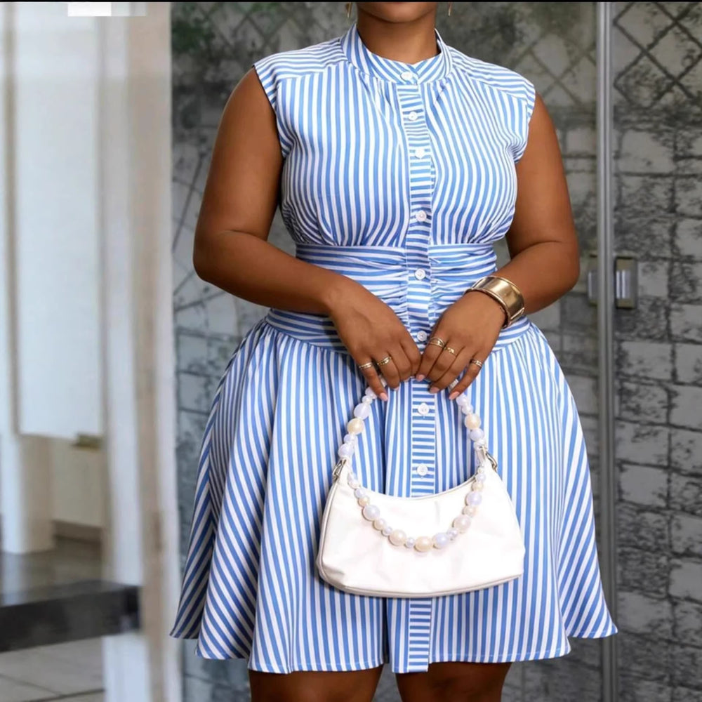 European and american cross-border women's clothing:  summer new arrival - elegant casual blue striped ruched single-breasted a-line dress