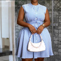 European and american cross-border women's clothing:  summer new arrival - elegant casual blue striped ruched single-breasted a-line dress