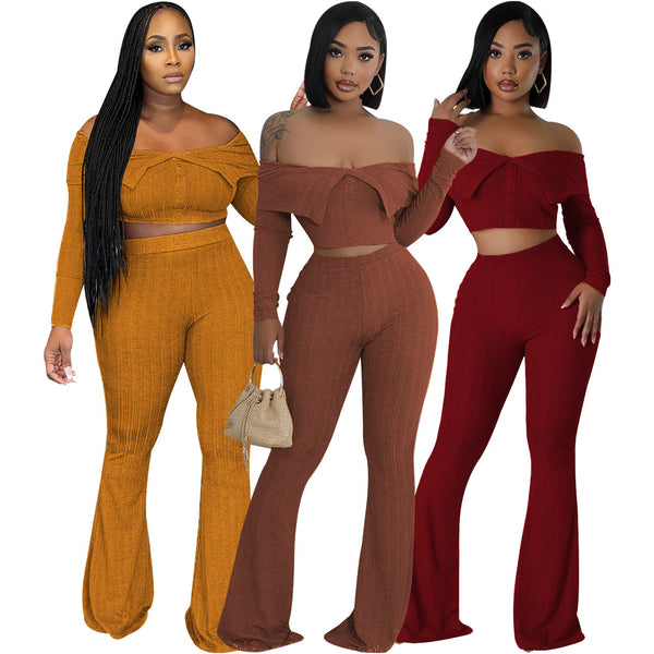 TD2791 new European and American  women's clothing solid color elegant lover pants set top long wide-footed pants set