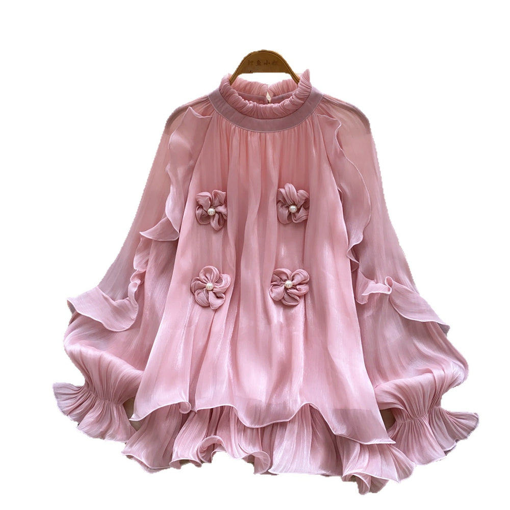 French chic floral ruffle blouse - women's summer loose fit long sleeve lantern sleeve top - ageless & elegant