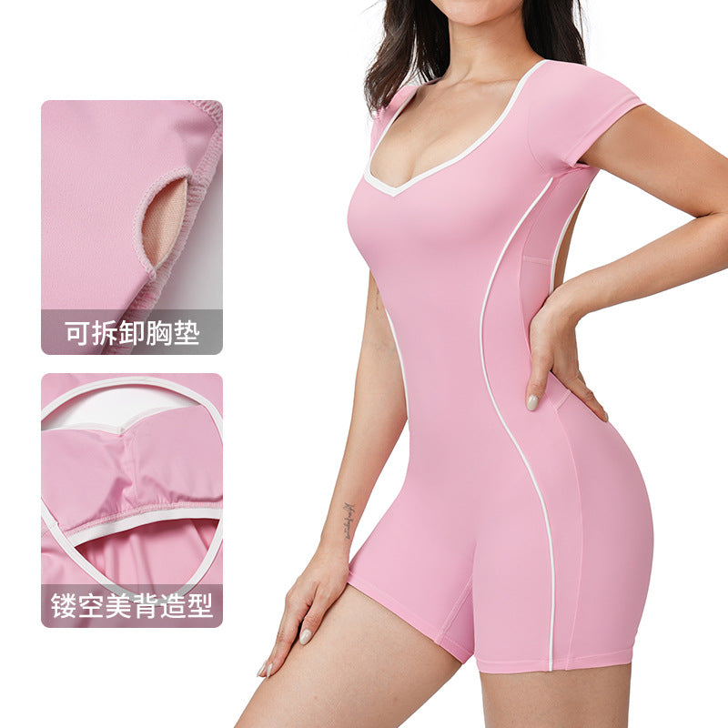 Contrast color nude cross-border jumpsuit cut out beautiful back tight sports fitness wear running exercise yoga wear women 2501