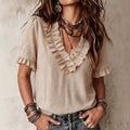 Plus size bohemian style blouse - textured linen fabric, double-layered ruffle v-neck, lace-trimmed short sleeves, relaxed fit