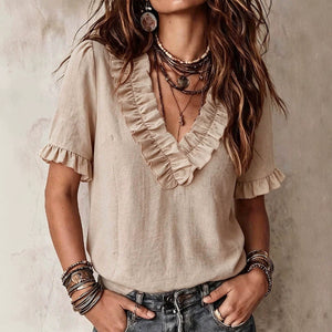 Plus size bohemian style blouse - textured linen fabric, double-layered ruffle v-neck, lace-trimmed short sleeves, relaxed fit