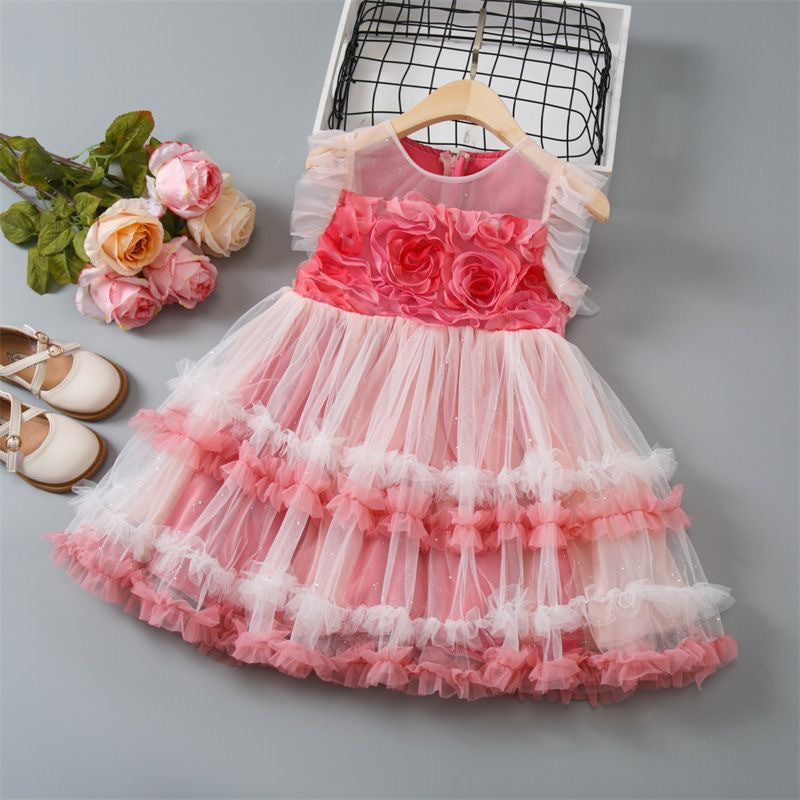 Girls' dress  summer new arrivals: sweet floral print princess dress for toddlers and young children with mesh overlay
