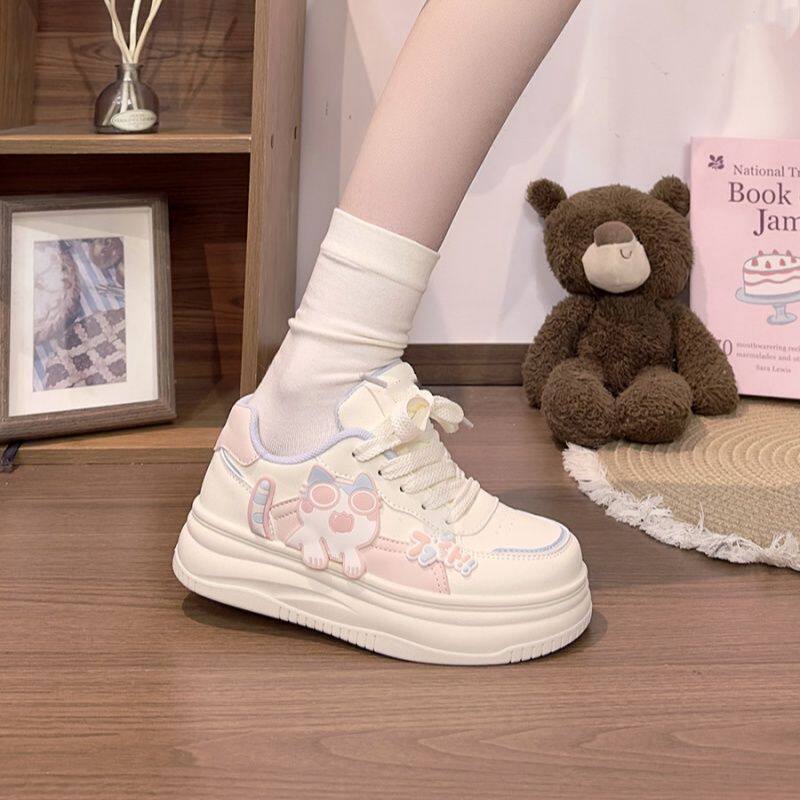 Simple pink women's shoes cute kitten white shoes women  spring and autumn new cartoon student thick solek-style sneakers
