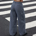 Fashionjeans women's vertical stripesworkwear wide-leg jeans cross-border multi-flap pocket pants high waistloosemop women's pants