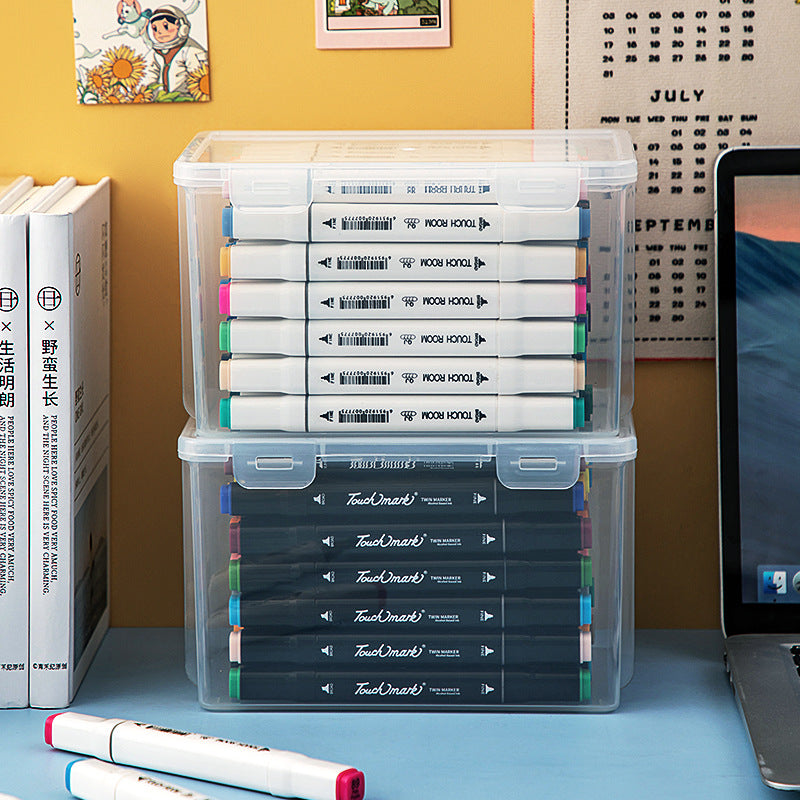 Desktop marker storage box with lid Transparent desk Stationery storage box Rectangle flip plastic pencil case