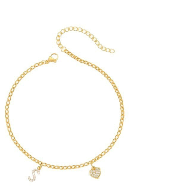 2025 new fashionable light luxury gold 26 letter alphabet gemstone heart anklet