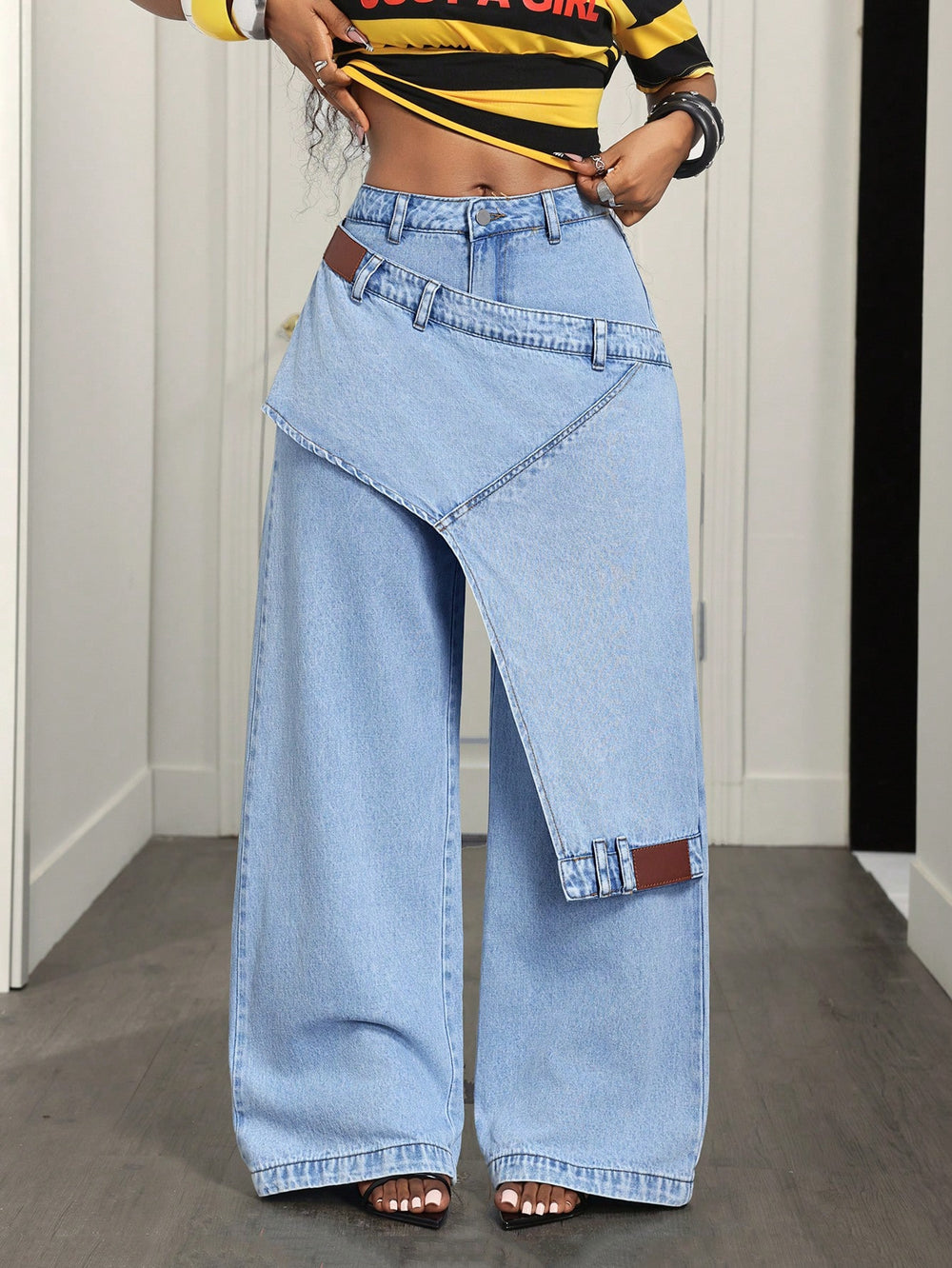 Fashionjeans women's light blue washed stylishfake two-piece loose pants patchwork street loosemop denim pants