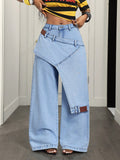 Fashionjeans women's light blue washed stylishfake two-piece loose pants patchwork street loosemop denim pants
