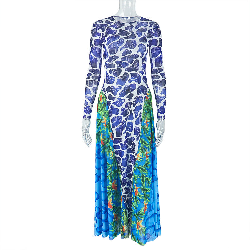 European and american style foreign trade printed women's micro-sheer slim-fit bodycon midi dress with high neck and long sleeves - perfect for work
