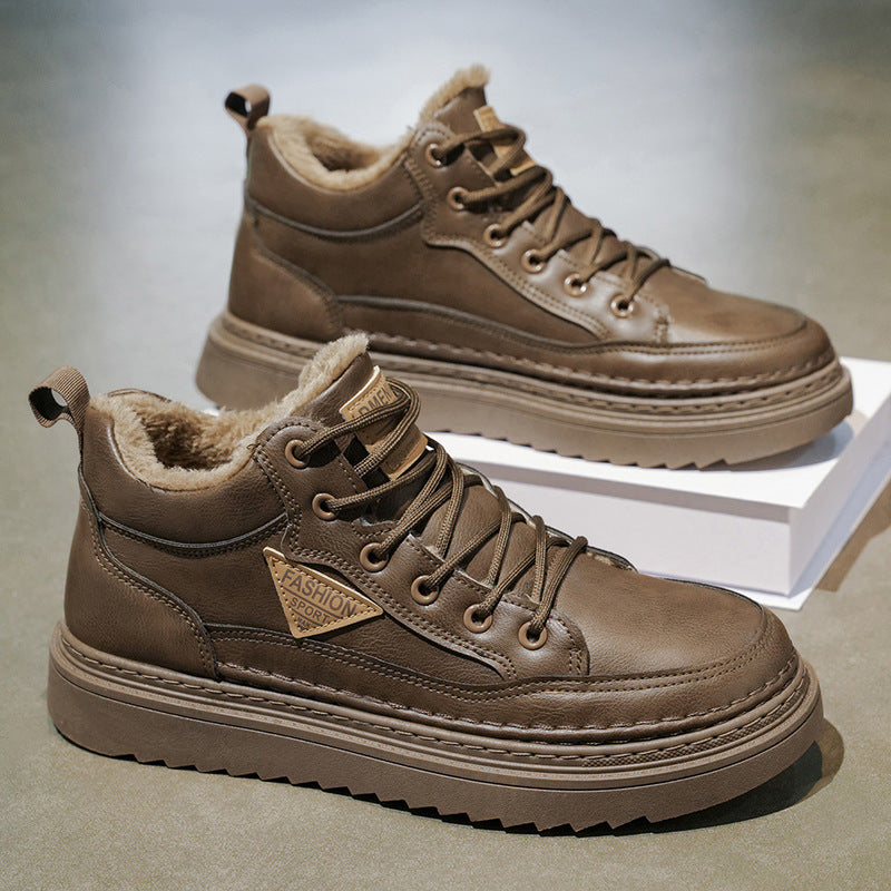 Men's winter fleece-lined warm martin boots, men's workwear leather shoes, trendy versatile cotton shoes, casual short boots, streetwear shoes