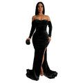 C7157 cross-border   fashion women's solid color slit evening dress low-cut dress new