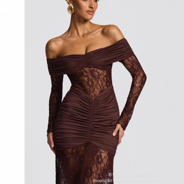 SDM182 temperament lace stitching long sleeve fishtail long dress party dress long dress women dress