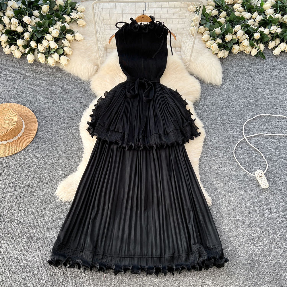 European and american light luxury sleeveless dress - women's summer ruffle hem, cinched waist, elegant, unique, exquisite maxi dress