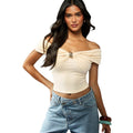 Amazon cross-border niche off-white off-shoulder short-sleeve top for women - fashionable metal buckle slim-fit cropped t-shirt