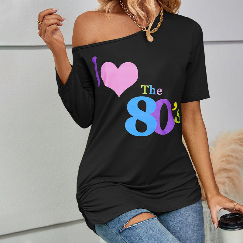 Autumn european and american lips 80s printing off shoulder asymmetrical sleeve length  fashion slim top t-shirt women