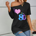 Autumn european and american lips 80s printing off shoulder asymmetrical sleeve length  fashion slim top t-shirt women
