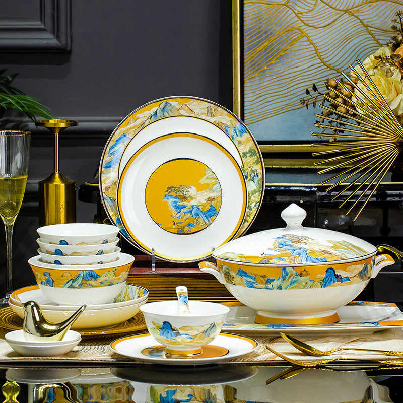 Jingdezhen dishes tableware set fish plate high-foot rice bowl bone china high-end high-end gift box housewarming wedding gift