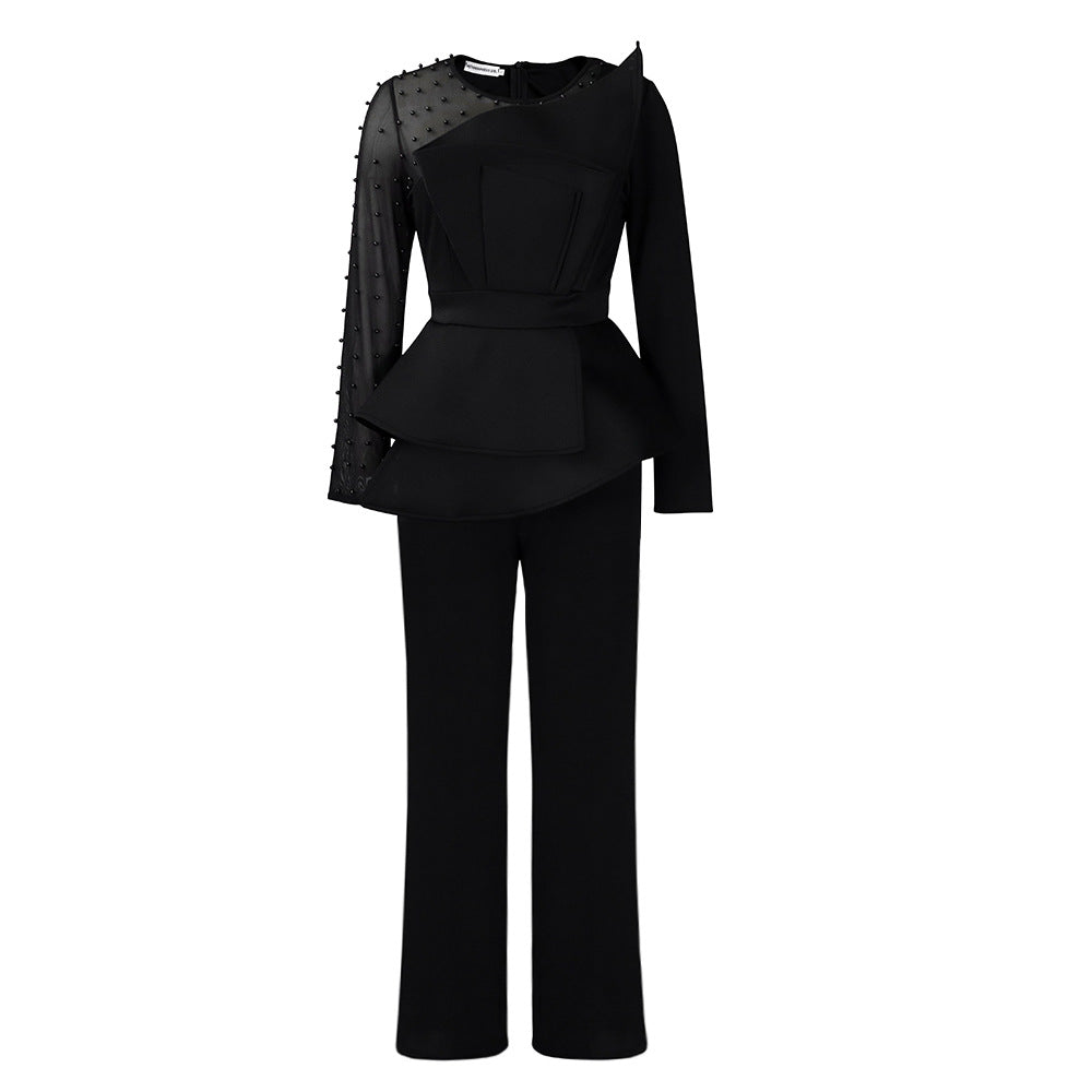 D439 independent station  new long-sleeved elegant mesh stitching beading slimming look banquet large size foreign trade jumpsuit
