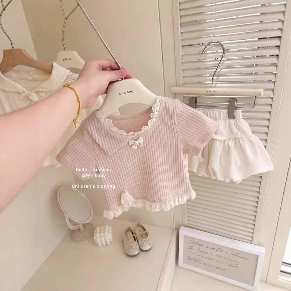 Girls' summer outfit set: new sweet pink lace short-sleeve top and tulip pants two-piece cotton set for baby girls