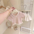 Girls' summer outfit set: new sweet pink lace short-sleeve top and tulip pants two-piece cotton set for baby girls